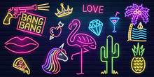 Set Of Fashion Neon Sign. Night Bright Signboard, Glowing Light Banner. Summer Logo, Emblem. Club Or Bar Concept On Dark Background. Editable Vector. Pink Flamingo Cactus Lips Pizza Cocktail Pineapple