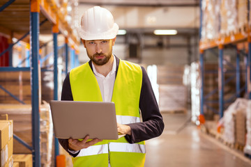 Wall Mural - Logistics manager. Serious bearded man looking at you while working as a logistics manager in the warehouse