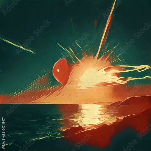 Sunset At The Sea Big Size Oil Painting In Japanes Style
