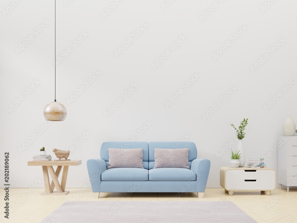 Modern living room interior with sofa and green plants,lamp,table,cabinet on blue wall background. 3d rendering. - obrazy, fototapety, plakaty 