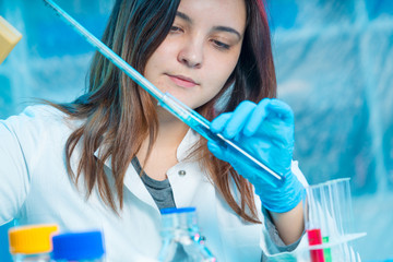 Sticker - female technician in medical laboratory, hospital Petri dish test