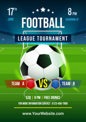 Sticker - Football league tournament poster vector illustration, Ball in soccer pitch background.