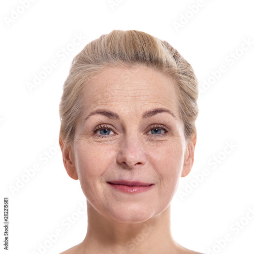 Beautiful smiling middle aged woman fase close up isolated Poster