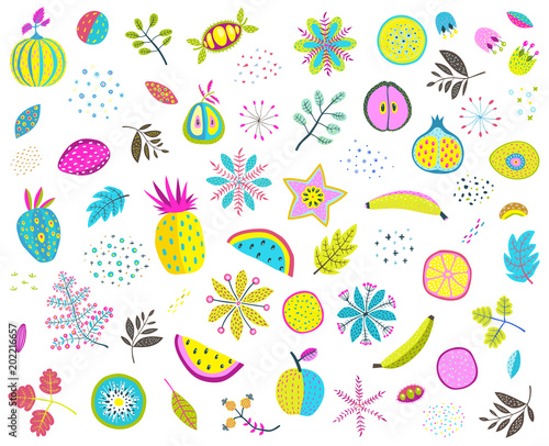 set-kolorowi-kwiecisci-owoc-dokretek-veggies-i-liscie-ilustracji-wektorowych
