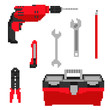 Part 1. Set of isolated construction building tools in 8 bit retro style. Pixel color vector illustration. Repair icons set.