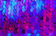 Beautiful Shiny Texture Background Lots Of Colorful Sequins In Purple Colors Sewn On Fabric Like Scales