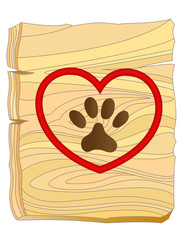 Wall Mural - Animal paw in a red heart on a wooden Board concept vector image