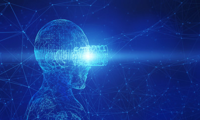 Poster - Abstract human wearing virtual reality glasses on blue background. Artificial intelligence in futuristic technology concept, 3d illustration