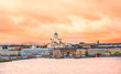 Ariel view of Helsinki at sunset with a Cathedral church and Market Square area on the shore of Baltic Sea in Helsinki, Finland.