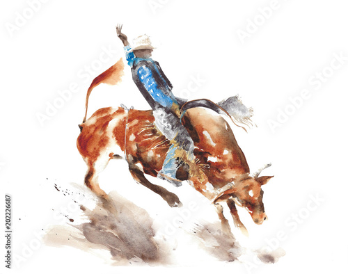 Cuadros en Lienzo Bull rodeo watercolor painting illustration isolated on white background america