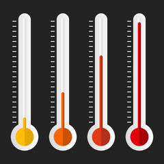 Heat meter with different temperatures and colors isolated on dark background. Four step thermometer infographic elements.