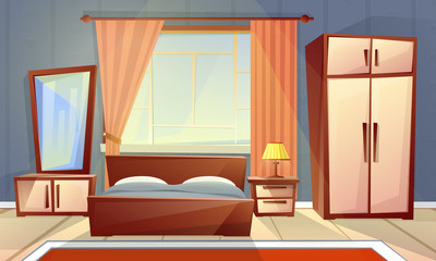 Vector cartoon interior of cozy bedroom with window, living room with double bed, dresser, carpet. Colorful background of house inside, apartment concept with furniture