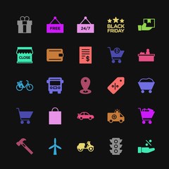 Modern Simple Colorful Set of transports, industry, shopping Vector fill Icons. Contains such Icons as service, hammer,  sale, bus,  bike and more on dark background. Fully Editable. Pixel Perfect