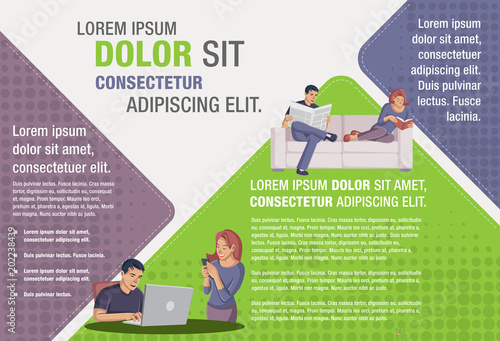 Couple with laptop, smarthphone. Young people reading book and newspaper on s...