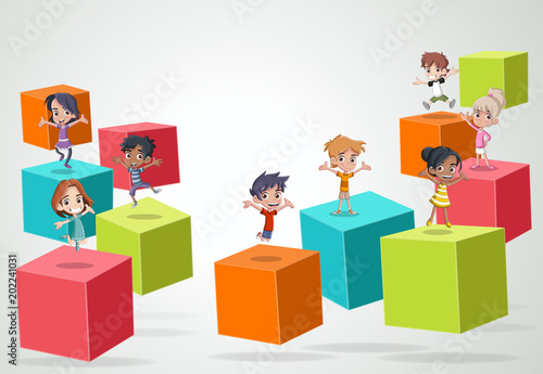 3d cubes with cartoon children. Infographic design.
