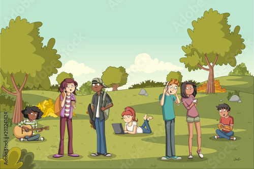 Green park landscape with cute cartoon teenagers.
