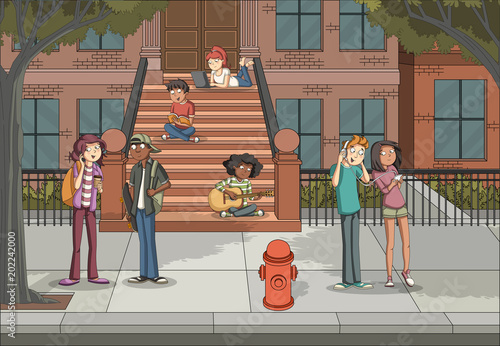 Group of young people in front of brownstone building. Teenagers.