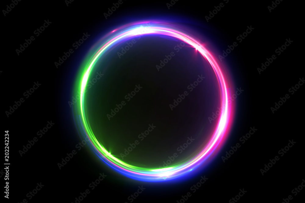 Abstract multicolor 3d illustration neon background luminous swirling Glowing circles. Black elegant. Halo around. Power isolated. Sparks particle.Space tunnel. LED color ellipse. Glint glitter. - obrazy, fototapety, plakaty 