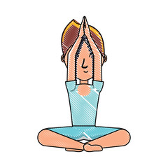 Poster - cartoon man doing yoga doing a namaste gesture over white background, colorful design. vector illustration