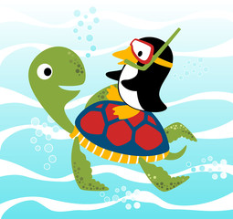 Wall Mural - Turtle and penguin under blue sea, vector cartoon illustration