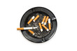 Ashtray with smoking cigarette and cigarette butts on white background