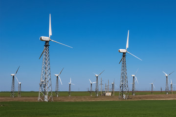 View to windmills placed on green field under clear blue sky. 