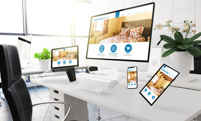 Canvas Print - devices floating on mid air mockup showing booking room website