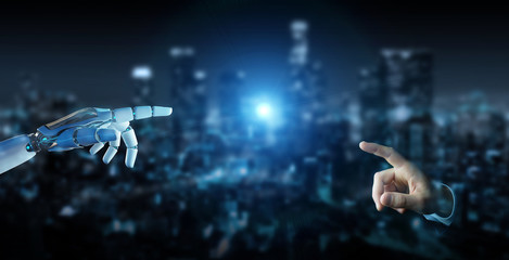 Wall Mural - white cyborg finger about to touch human finger 3d rendering