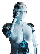 White Woman Cyborg Thinking And Touching Her Head 3D Rendering