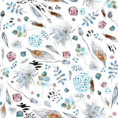  Watercolor abstract seamless pattern with leaves, twigs, seashells, feathers and watercolor stains for application in textiles and various designs.