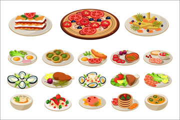 Sticker - Set of various dishes on plates. Tasty food. Traditional breakfast. European lunch. Flat vector design for promo poster, cafe or restaurant menu