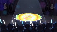 Cartoon Concert Stage And Cheering Crowd With Falling Confetti Effect Animation. (Looped)