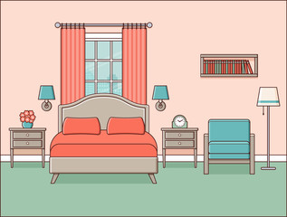 Bedroom interior. Hotel room. Vector. Retro home space in line art flat design with bed, window and armchair. Linear illustration. Cartoon house equipment. Vintage apartment. Outline background 1960s.