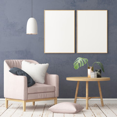 Wall Mural - Mock up poster in the interior in the style of a lag with a chair. Scandinavian style. 3D rendering