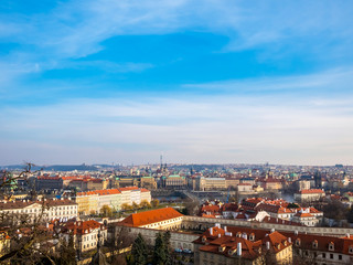 Prague Czech Republic cityscape view blue sky orange roof space old town building landmark historical city.