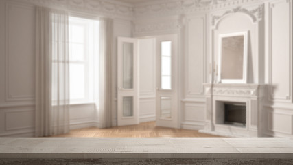 Wooden vintage table top or shelf closeup, zen mood, over blurred classic empty room with big window with fireplace, white architecture interior design