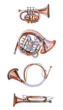 Hand Drawn Illustration Set Of Stylized Music Instruments. Pipe, French Horn And Horn