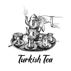 Wall Mural - Hand drawn sketch style Turkish tea set isolated on white background. Vector illustration.