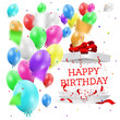 Happy Birthday Greeting Card with colorful balloons, confetti, and open gift box.