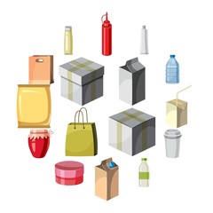 Wall Mural - Package container icons set in cartoon style. Boxes and packages,  bottles set collection vector illustration