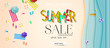 Summer sale banner background vector. Top view summer background vector in beach with umbrellas, balls, swim ring, sunglasses, surfboard, hat, sandals, juice, starfish and sea. 