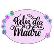 Feliz Dia de la Madre (Happy Mother's Day) vector illustration . Festivity text in oval frame. Hand drawn lettering typography poster on pink background. Text card invitation, template.