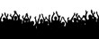 Crowd people cheering, cheer hands up. Applause audience. Spectators theater. Cheerful mob fans applauding, clapping. Party, concert, sport. Vector silhouette
