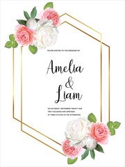 Floral wedding invitation card with garden rose,peonies and leaves in watercolor style.Greenery botanical template with gold frame and text place for invite, greeting and cover