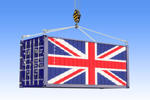 Cargo Container With British Flag Hanging On The Crane Hook Against Blue Sky, 3d Rendering