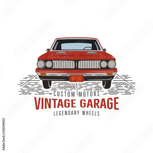 Vintage Hand Drawn Muscle Car Retro Red American Auto Symbol