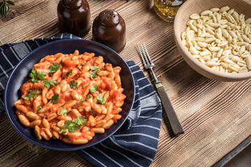 Cavatelli pasta with fresh tomato sauce.