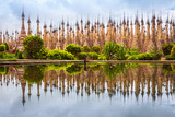 Scenic view of pagodas in Kakku with water reflection, Myanmar