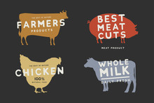 Set Of Emblems With Colored Silhouettes Of Farm Animals On Dark Background. Image On Theme Of Fresh And Natural Products. Meat And Dairy Products. Vector Logotype Design.