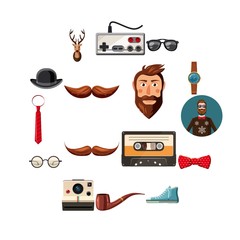 Wall Mural - Hipster items icons set. Cartoon illustration of 16 hipster items vector icons for web